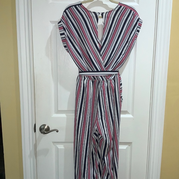 Sophia + Zeke faux wrap pink black striped jumpsuit Sz XL cap sleeve waist tie - Picture 6 of 10